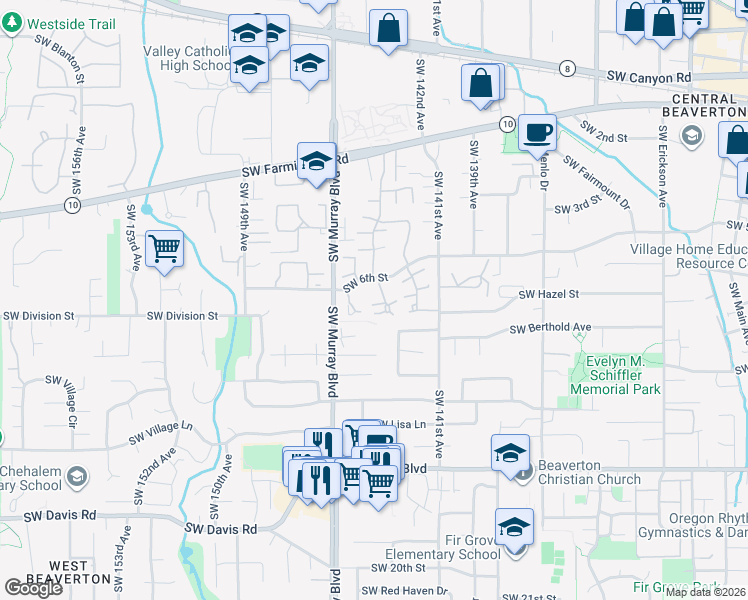 map of restaurants, bars, coffee shops, grocery stores, and more near 5325 Southwest Colony Court in Beaverton