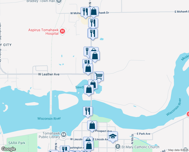 map of restaurants, bars, coffee shops, grocery stores, and more near 698 North 4th Street in Tomahawk