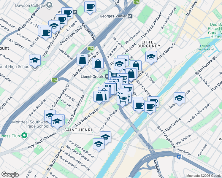 map of restaurants, bars, coffee shops, grocery stores, and more near 3045 Rue Workman in Montréal