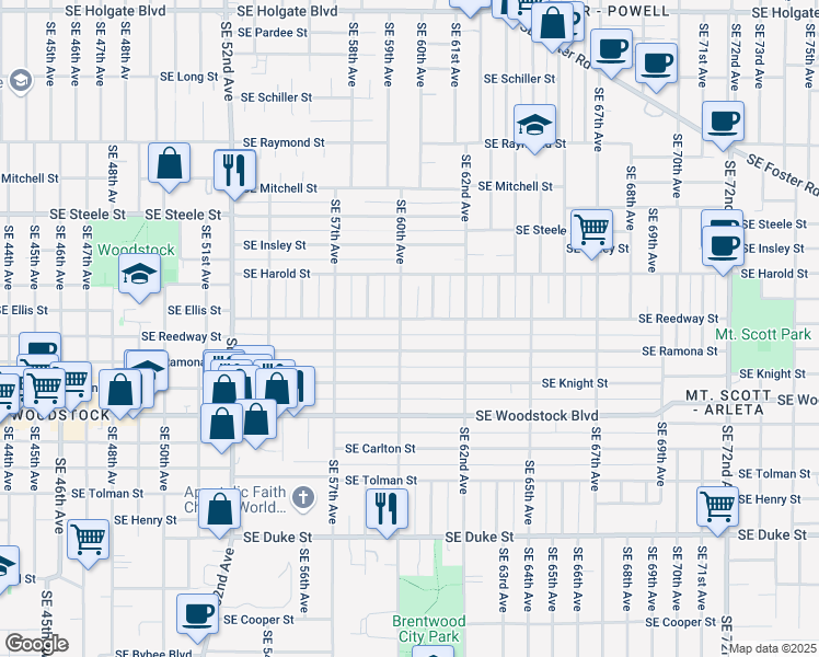 map of restaurants, bars, coffee shops, grocery stores, and more near 6010 Southeast Reedway Street in Portland
