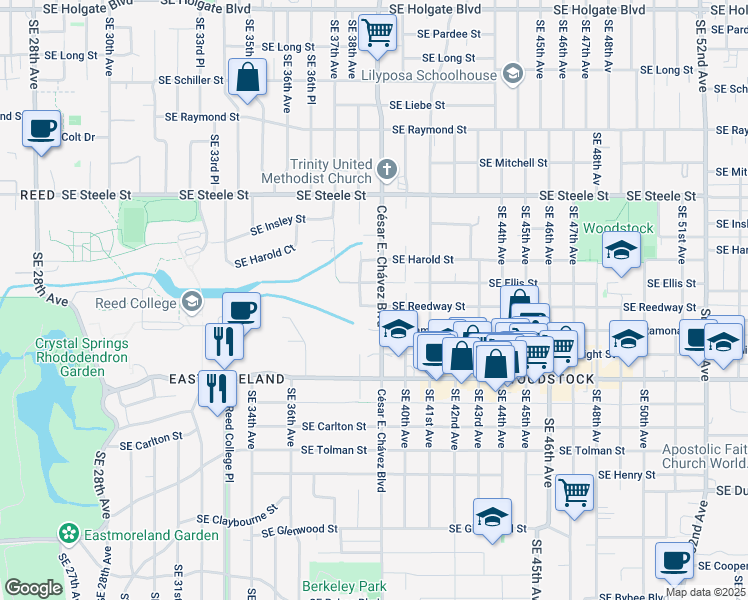 map of restaurants, bars, coffee shops, grocery stores, and more near 3845 Southeast Reedway Street in Portland