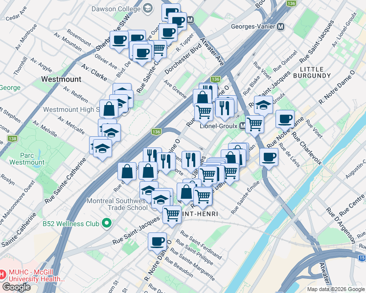 map of restaurants, bars, coffee shops, grocery stores, and more near 765 Rue Bourget in Montréal