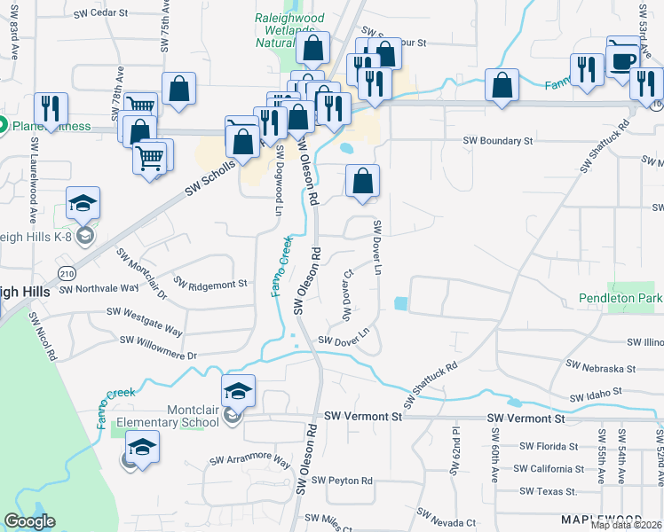 map of restaurants, bars, coffee shops, grocery stores, and more near 6760 Southwest Amber Lane in Portland
