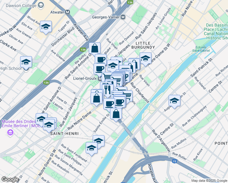map of restaurants, bars, coffee shops, grocery stores, and more near 2721 Rue Notre-Dame Ouest in Montréal