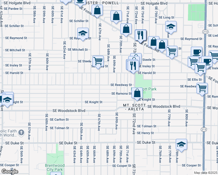 map of restaurants, bars, coffee shops, grocery stores, and more near 6742 Southeast Reedway Street in Portland