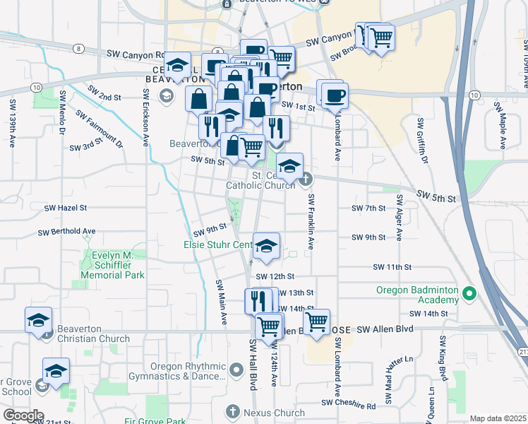 map of restaurants, bars, coffee shops, grocery stores, and more near 5220 Southwest Hall Court in Beaverton