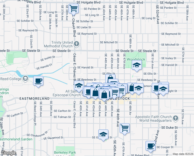 map of restaurants, bars, coffee shops, grocery stores, and more near 4219 Southeast Reedway Street in Portland