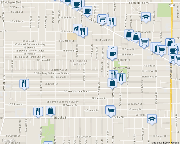 map of restaurants, bars, coffee shops, grocery stores, and more near 6742 SE Reedway St in Portland