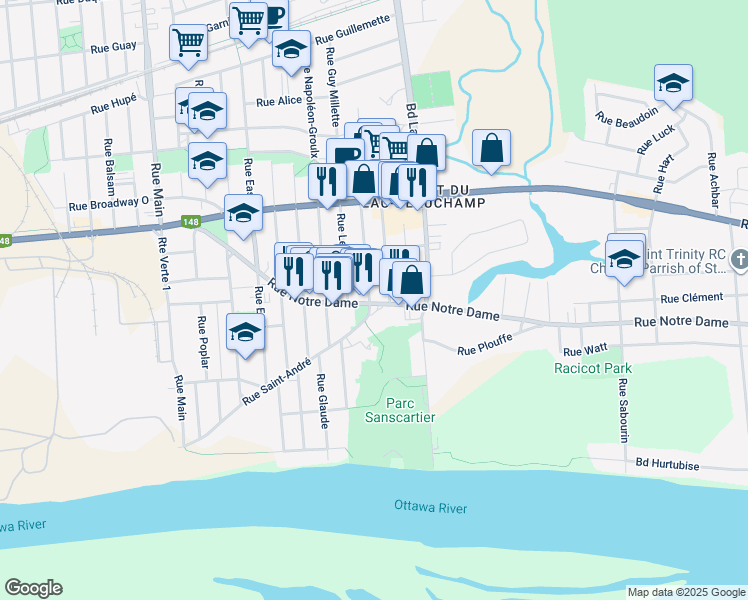 map of restaurants, bars, coffee shops, grocery stores, and more near 355 Rue Notre Dame in Gatineau