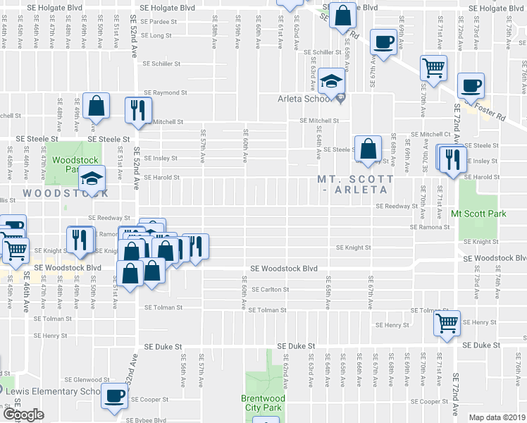 map of restaurants, bars, coffee shops, grocery stores, and more near 6042 Southeast Reedway Street in Portland