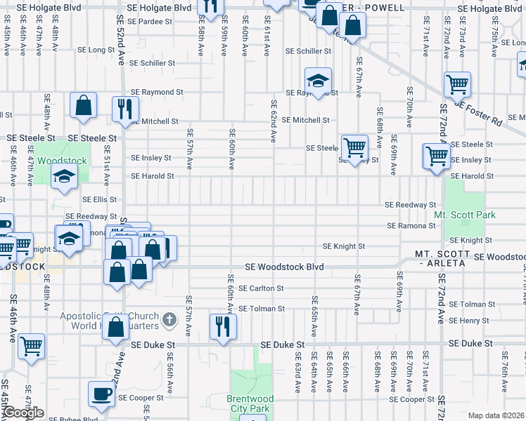 map of restaurants, bars, coffee shops, grocery stores, and more near 6042 Southeast Reedway Street in Portland