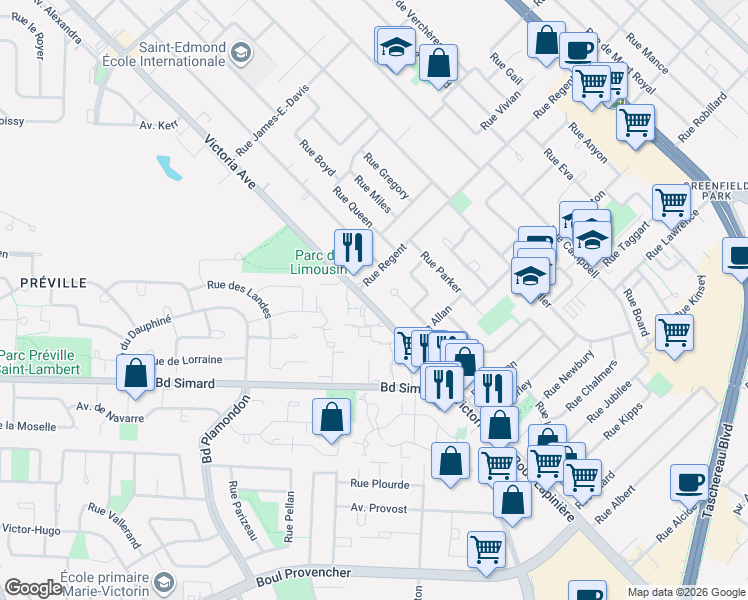 map of restaurants, bars, coffee shops, grocery stores, and more near 1838 Victoria Avenue in Longueuil