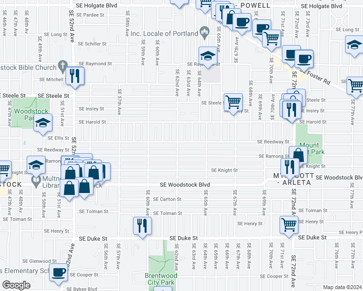 map of restaurants, bars, coffee shops, grocery stores, and more near 5712 Southeast 62nd Avenue in Portland