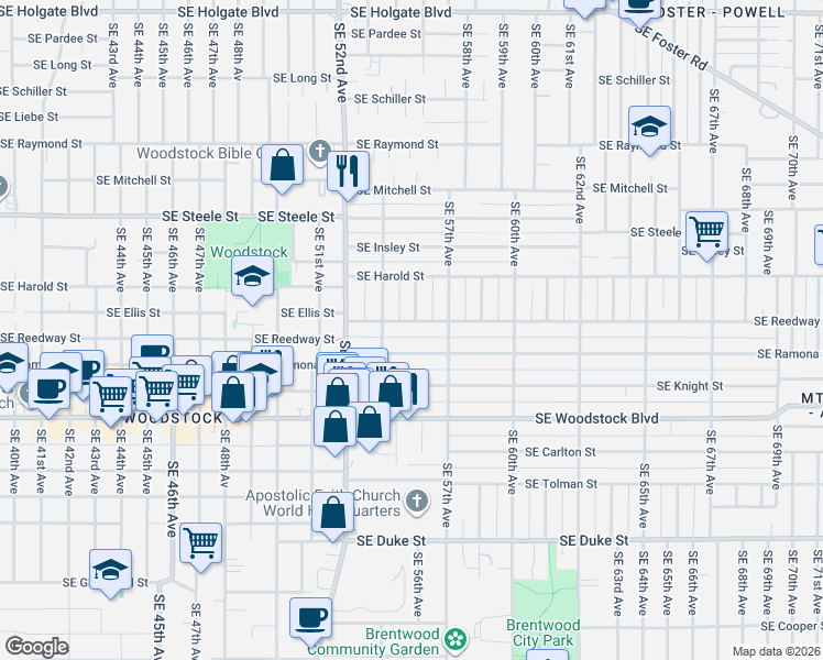 map of restaurants, bars, coffee shops, grocery stores, and more near 5520 Southeast Reedway Street in Portland