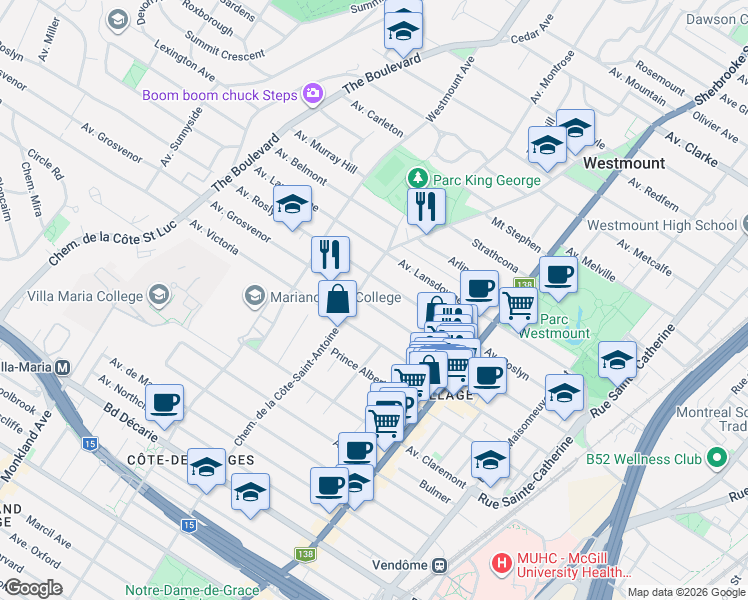 map of restaurants, bars, coffee shops, grocery stores, and more near 547 Avenue Grosvenor in Westmount