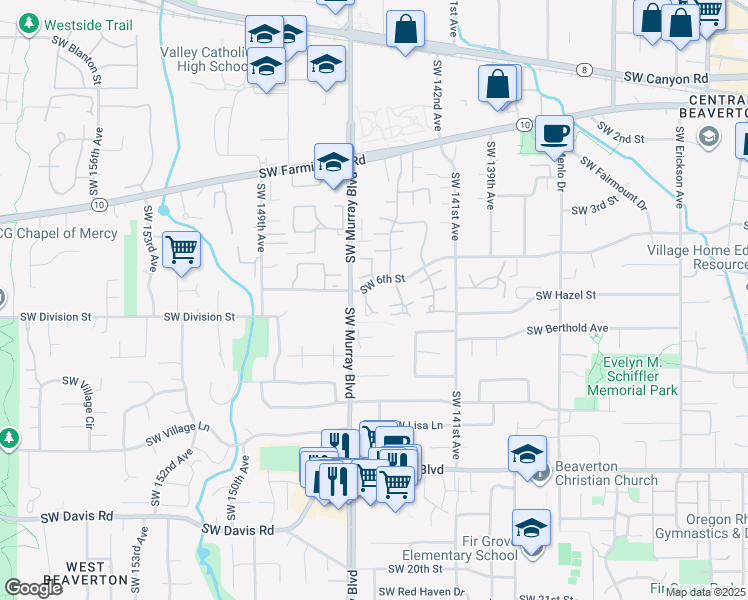 map of restaurants, bars, coffee shops, grocery stores, and more near 5320 Southwest Mayfair Court in Beaverton