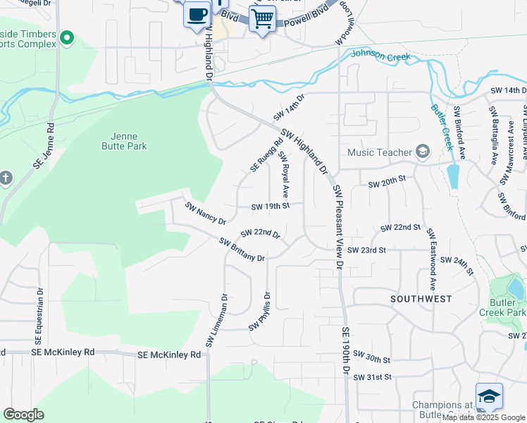 map of restaurants, bars, coffee shops, grocery stores, and more near 3920 Southwest 19th Street in Gresham