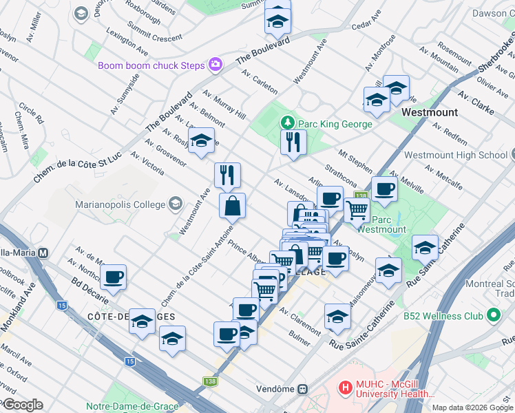 map of restaurants, bars, coffee shops, grocery stores, and more near 547 Avenue Grosvenor in Westmount