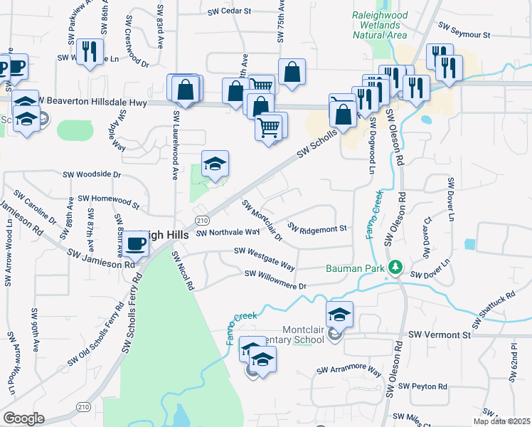 map of restaurants, bars, coffee shops, grocery stores, and more near 7712 Southwest Green Valley Terrace in Portland