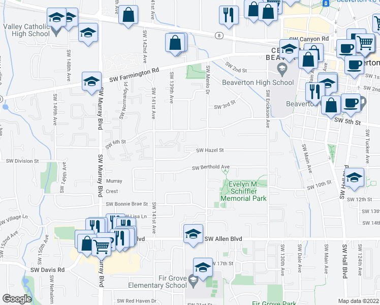 map of restaurants, bars, coffee shops, grocery stores, and more near 13745 Southwest Hazel Street in Beaverton