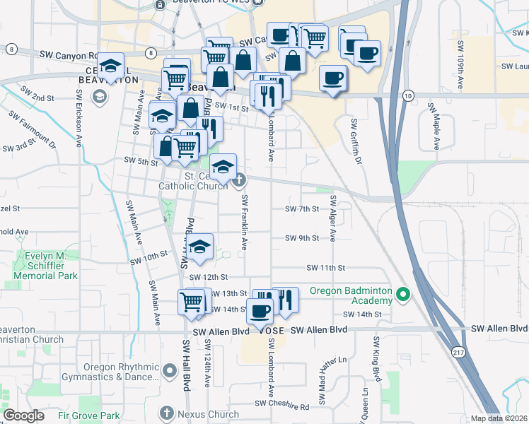 map of restaurants, bars, coffee shops, grocery stores, and more near 5225 Southwest Lombard Avenue in Beaverton