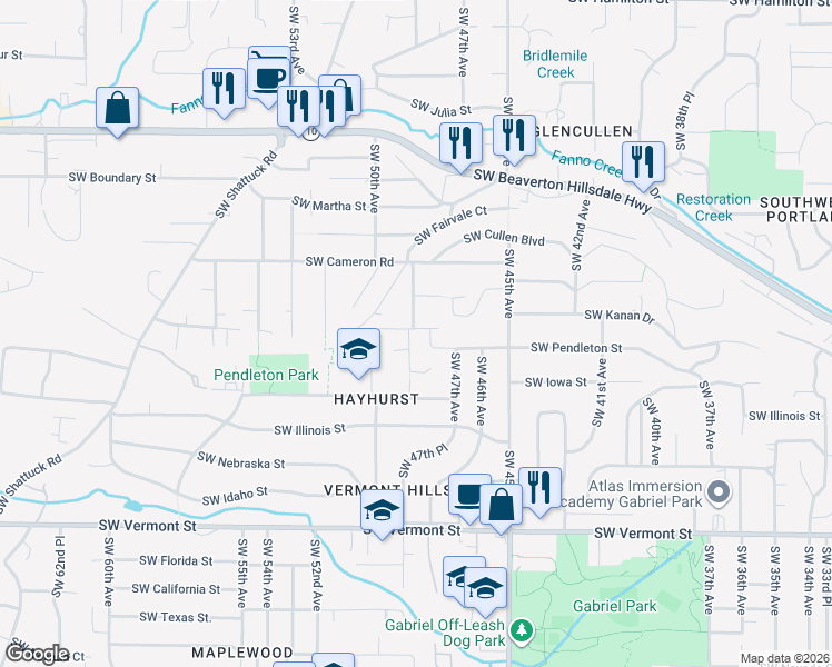 map of restaurants, bars, coffee shops, grocery stores, and more near 4810 Southwest Pendleton Street in Portland
