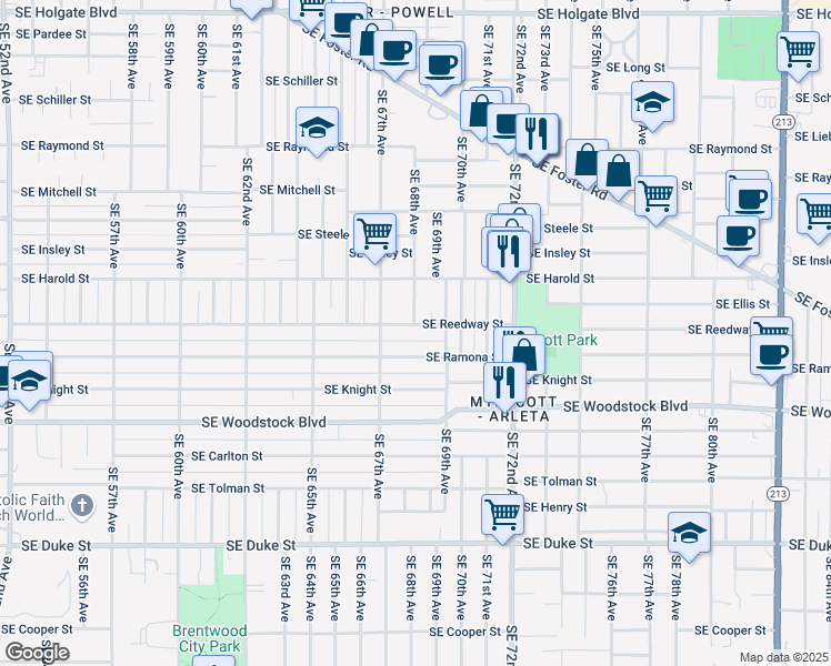 map of restaurants, bars, coffee shops, grocery stores, and more near 6742 Southeast Reedway Street in Portland