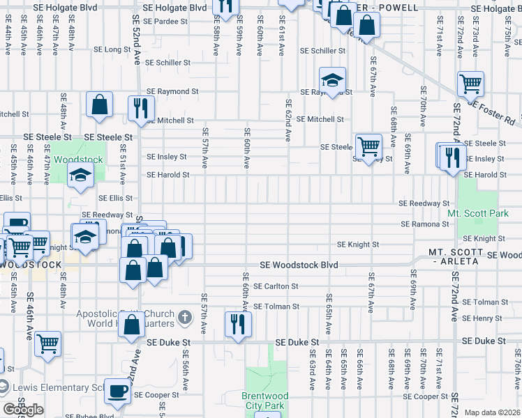 map of restaurants, bars, coffee shops, grocery stores, and more near 6042 Southeast Reedway Street in Portland