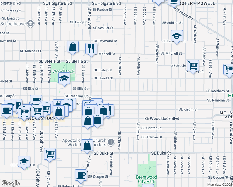 map of restaurants, bars, coffee shops, grocery stores, and more near 5614 Southeast Reedway Street in Portland