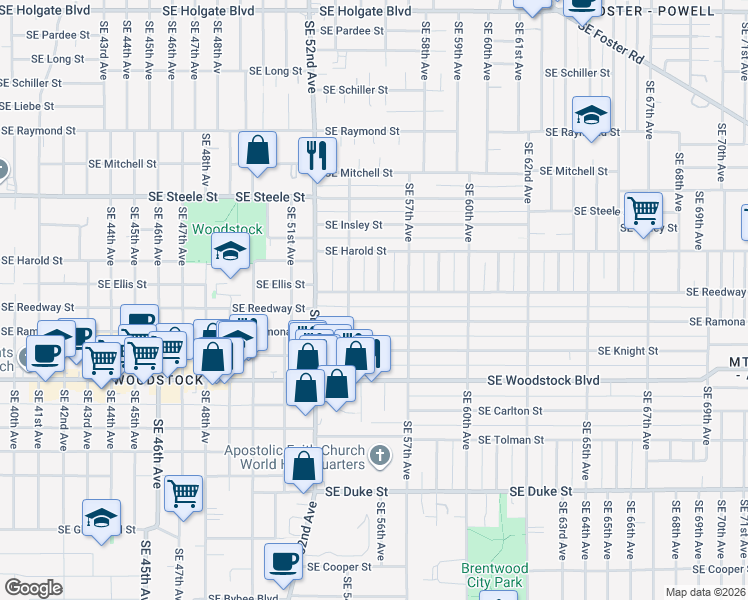 map of restaurants, bars, coffee shops, grocery stores, and more near 5614 Southeast Reedway Street in Portland