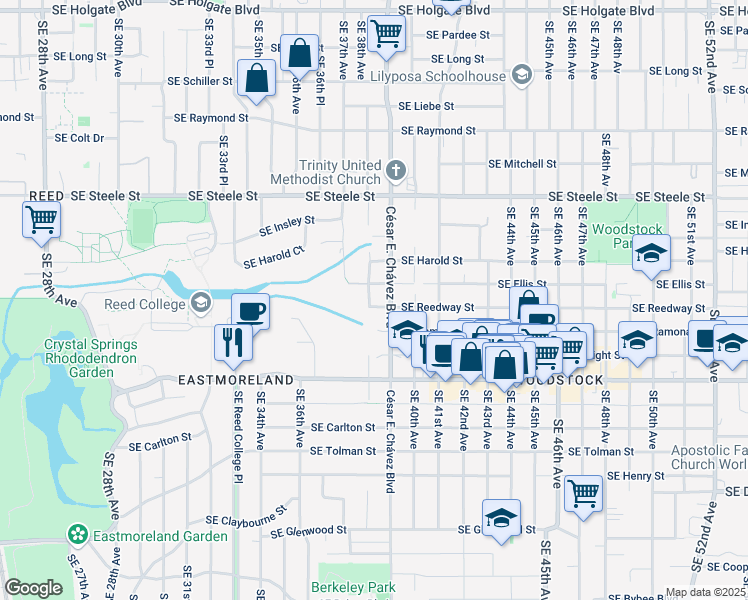 map of restaurants, bars, coffee shops, grocery stores, and more near 3805 Southeast Reedway Street in Portland