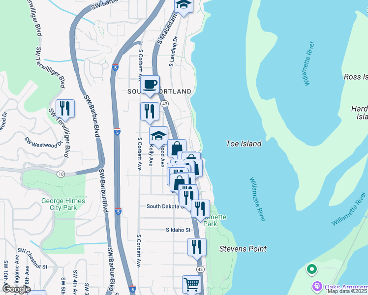 map of restaurants, bars, coffee shops, grocery stores, and more near 5858 South Riveridge Lane in Portland