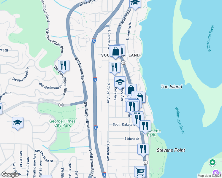map of restaurants, bars, coffee shops, grocery stores, and more near 5829 South Kelly Avenue in Portland