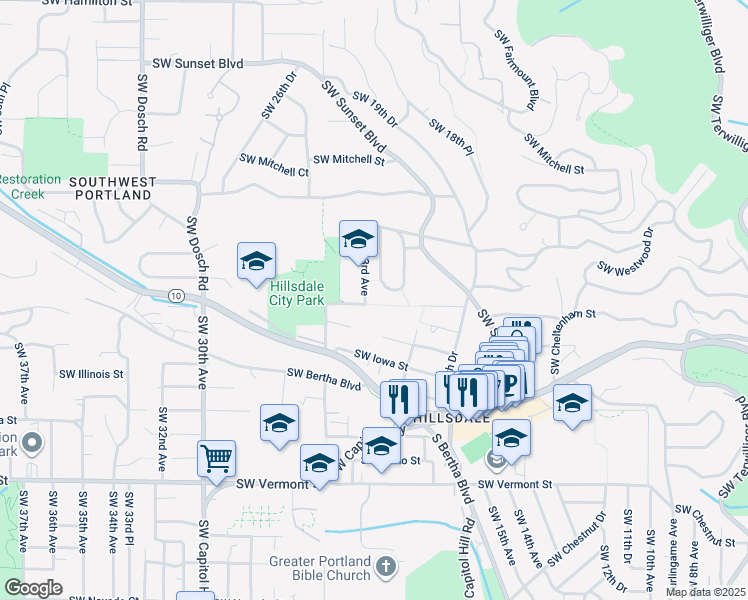 map of restaurants, bars, coffee shops, grocery stores, and more near 2224 Southwest Kanan Street in Portland