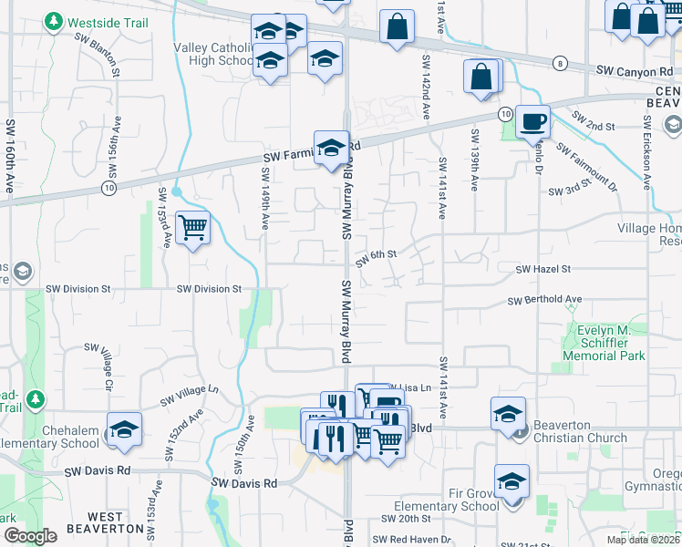 map of restaurants, bars, coffee shops, grocery stores, and more near in Beaverton