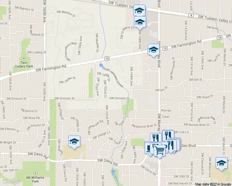 map of restaurants, bars, coffee shops, grocery stores, and more near 5315 Southwest 150th Court in Beaverton