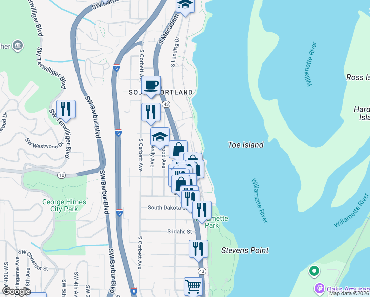 map of restaurants, bars, coffee shops, grocery stores, and more near 5858 South Riveridge Lane in Portland