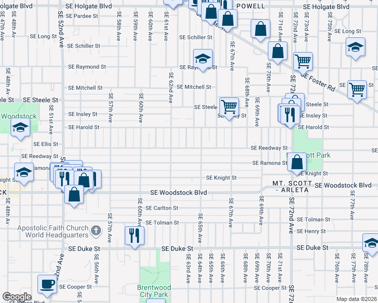 map of restaurants, bars, coffee shops, grocery stores, and more near 6310 Southeast Reedway Street in Portland