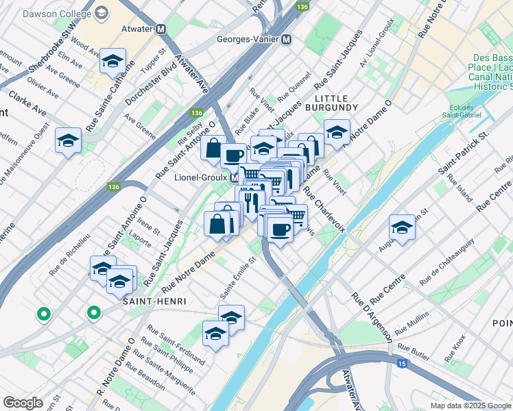 map of restaurants, bars, coffee shops, grocery stores, and more near 530 Avenue Atwater in Montréal