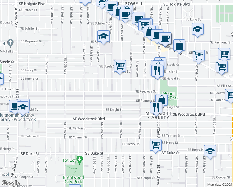map of restaurants, bars, coffee shops, grocery stores, and more near 6628 Southeast Reedway Street in Portland