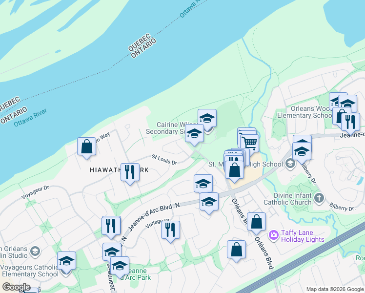 map of restaurants, bars, coffee shops, grocery stores, and more near 794 Saint Andre Drive in Ottawa
