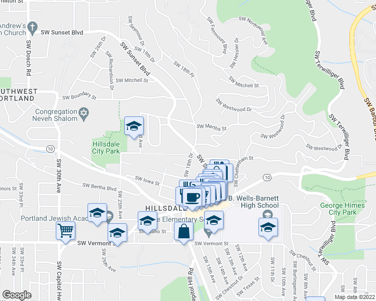 map of restaurants, bars, coffee shops, grocery stores, and more near 5737 Southwest 18th Drive in Portland