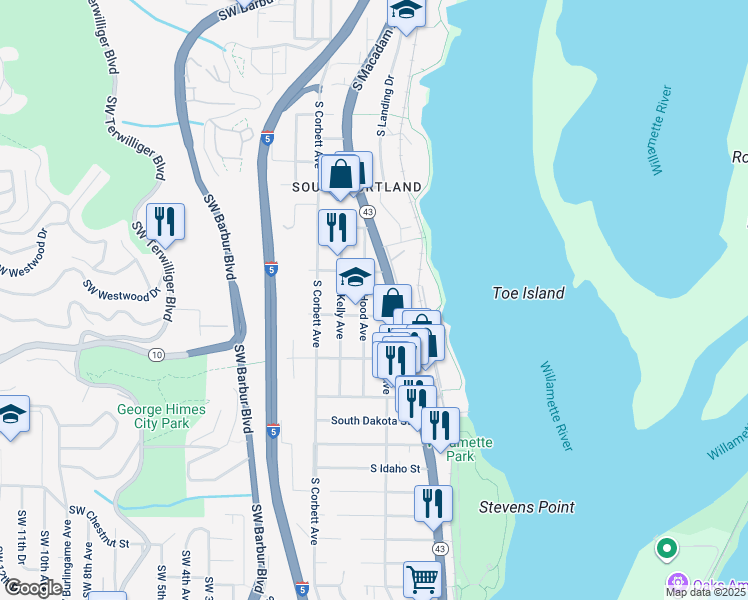 map of restaurants, bars, coffee shops, grocery stores, and more near 5816 South Hood Avenue in Portland