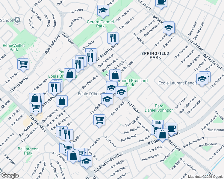 map of restaurants, bars, coffee shops, grocery stores, and more near 5000 Rue Redmond in Longueuil