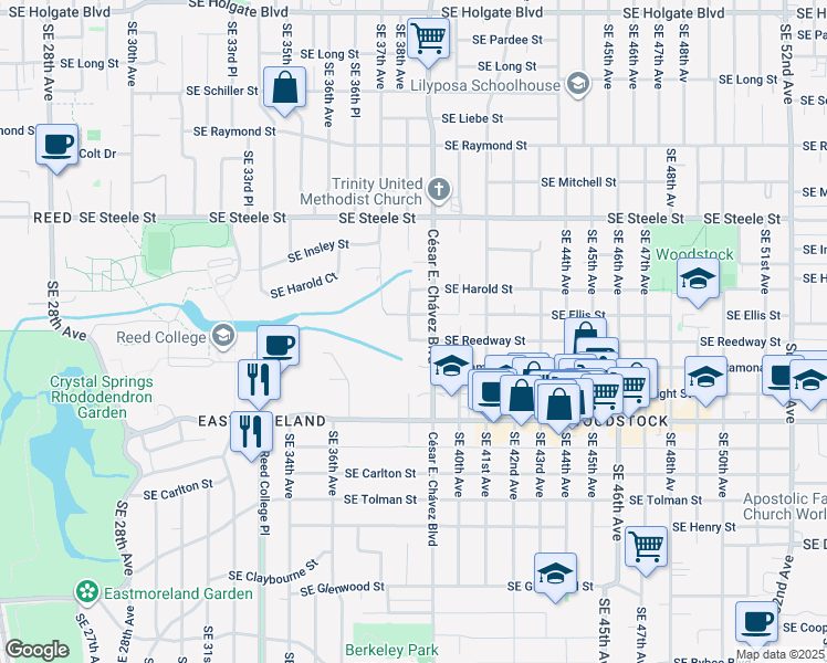 map of restaurants, bars, coffee shops, grocery stores, and more near 3805 Southeast Reedway Street in Portland