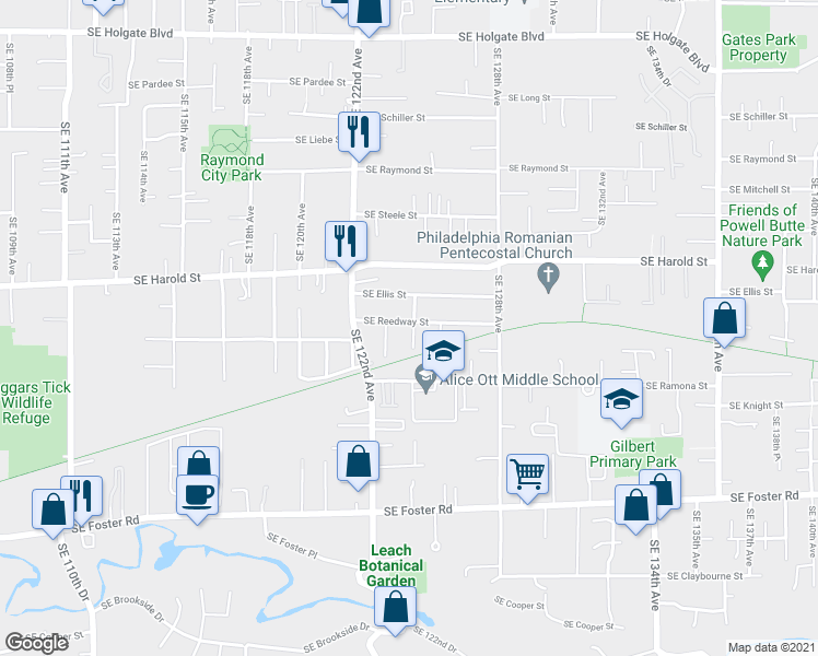 map of restaurants, bars, coffee shops, grocery stores, and more near 12424 Southeast Reedway Street in Portland