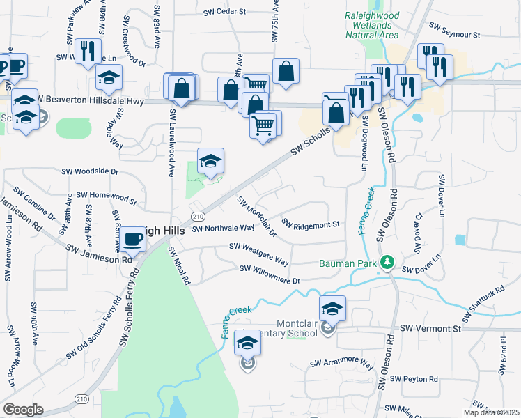 map of restaurants, bars, coffee shops, grocery stores, and more near 7712 Southwest Green Valley Terrace in Portland
