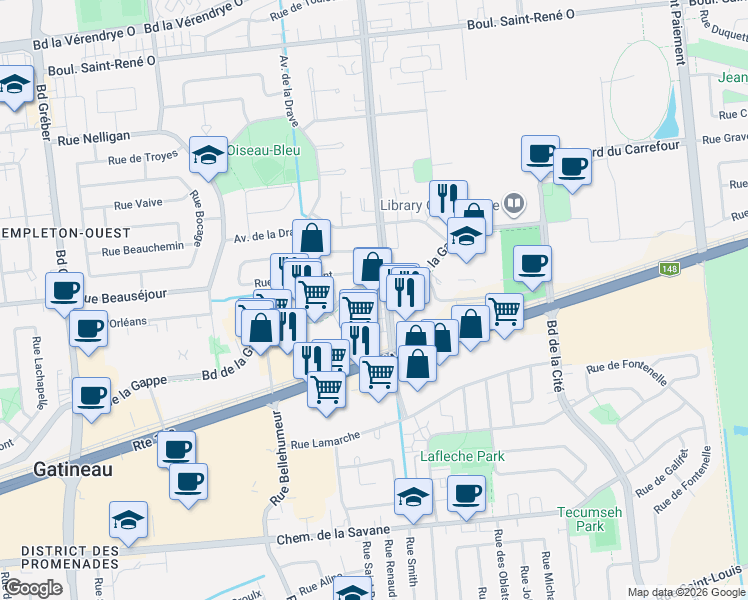 map of restaurants, bars, coffee shops, grocery stores, and more near 139 Boulevard de l'Hôpital in Gatineau