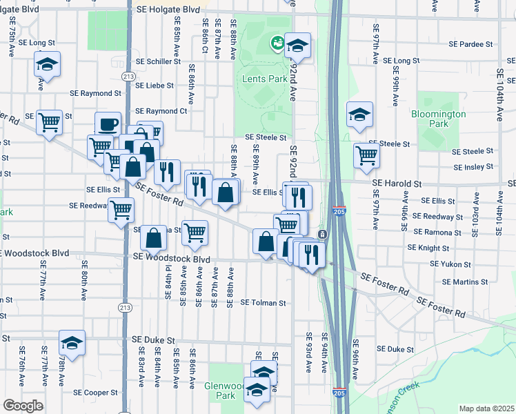 map of restaurants, bars, coffee shops, grocery stores, and more near 8847 Southeast Reedway Street in Portland