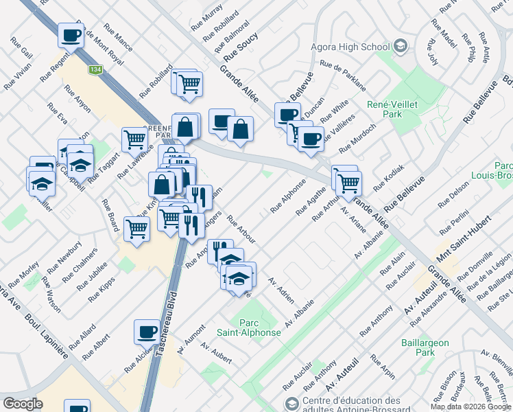 map of restaurants, bars, coffee shops, grocery stores, and more near 5845 Rue Angèle in Brossard